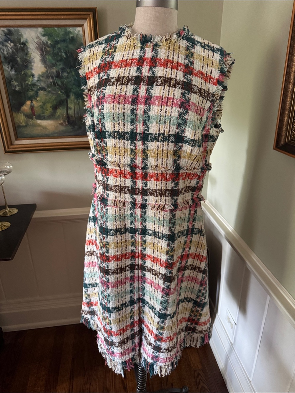 Oscar De La Renta Sleeveless Multicolor Plaid Tweed Dress - White/Green/Pink M/L